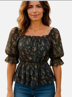 NEW POL Large BOHO Blouse Semi-Sheer Crinkled Puff Sleeves Ruffled Hem Floral